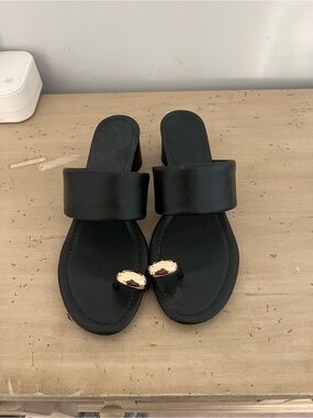Aqua Black Slide Sandals with Gold Toe-Ring Accent